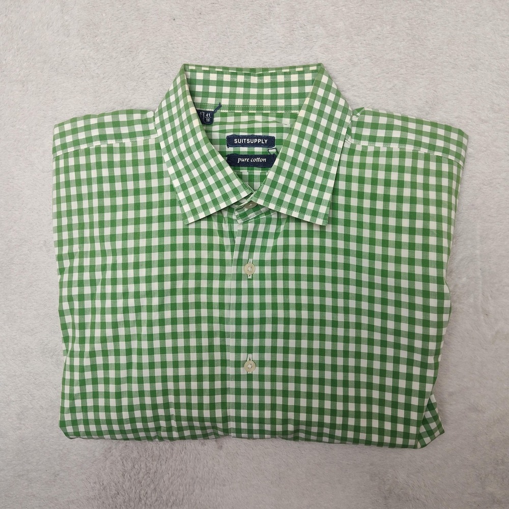 Suitsupply Shirt Mens 16 Green Gingham Point Collar Slim Dress Pure Cotton